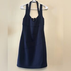 GUESS Size 8 Navy Bodycon Dress-Halter Strap Detail-Exposed Zipper-cocktail Dre